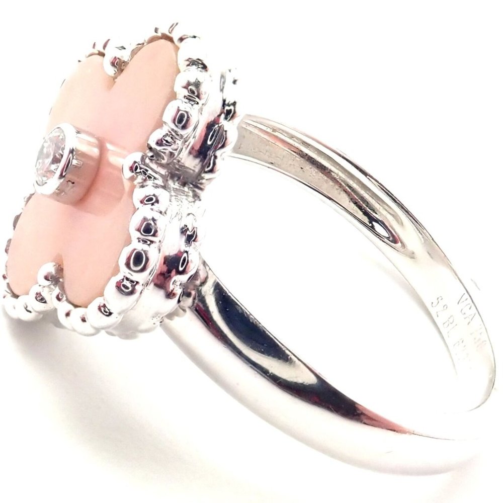 Authentic! Van Cleef & Arpels Alhambra 18k White Gold Pink Opal Diamond Ring - Picture 4 of 8